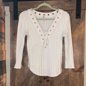 Free People White Lace-Up Long Sleeve Top